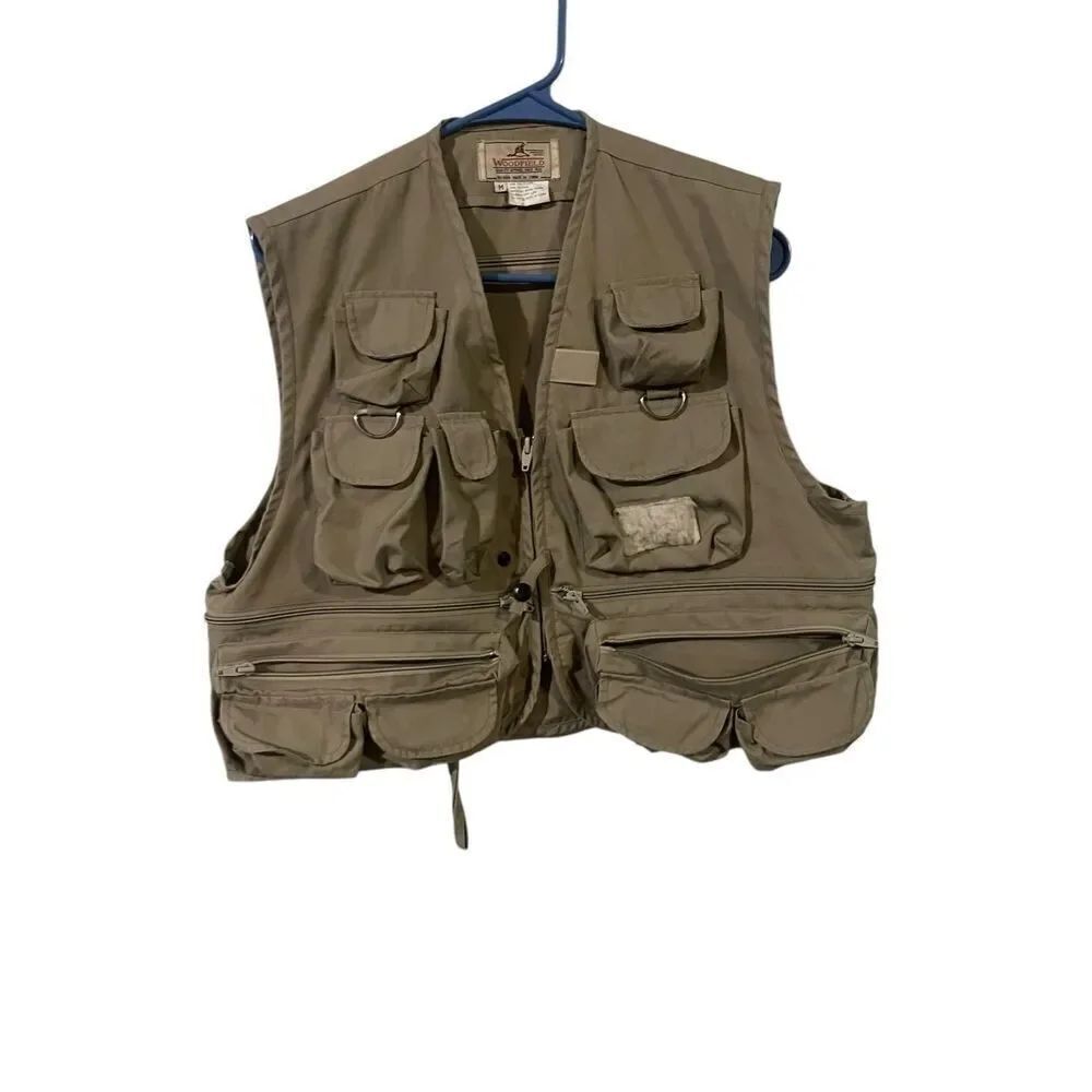 Vintage Woodfield Mens Beige Cargo Pockets Fishing Vest Size Medium